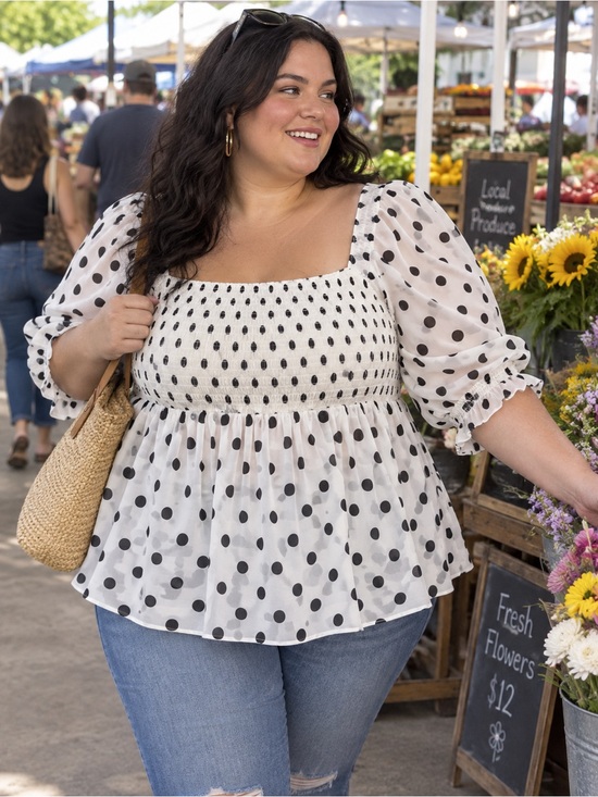 torrid Tops - Torrid White & Black Polka Dot Chiffon Smocked Babydoll Top - Plus Size 4